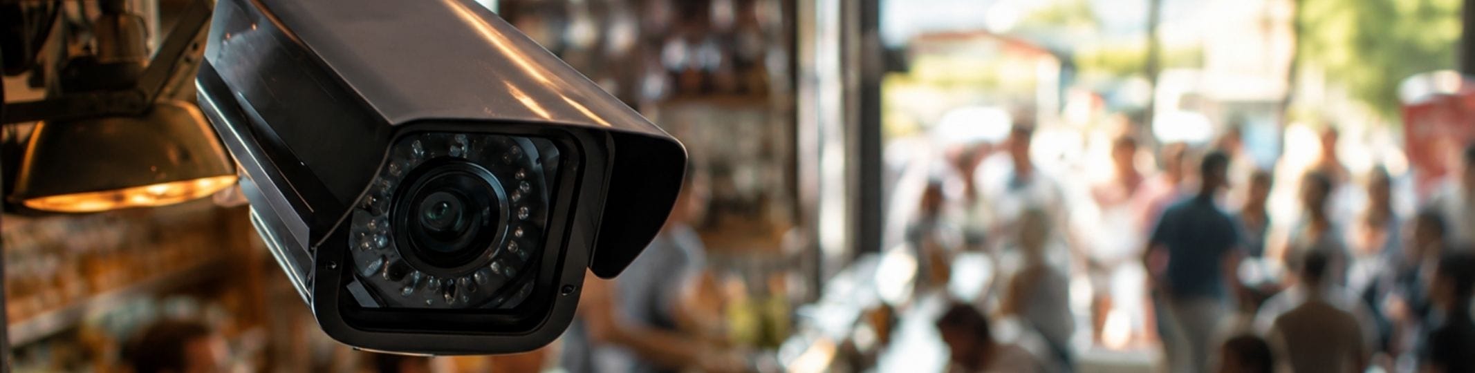 CCTV camera mounted on the ceiling of a bar, with people in the background